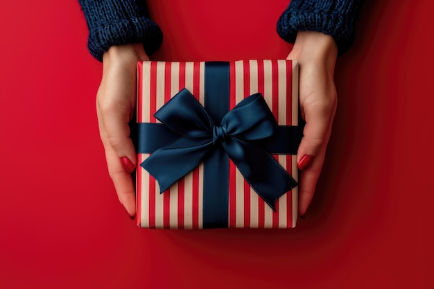 Manos sosteniendo un regalo elegantemente envuelto con papel rojo y blanco a rayas y un lazo azul profundo en un fondo rojo llamativo