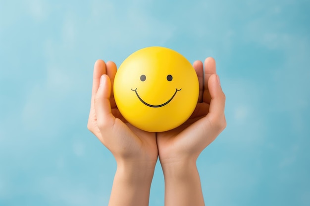 Manos sosteniendo una sonrisa feliz cara salud mental pensamiento positivo y mentalidad de crecimiento salud mental