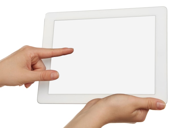 Foto manos sosteniendo tablet aislado en blanco