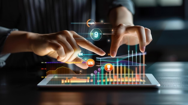 Manos sosteniendo una tableta con análisis de video marketing y métricas de rendimiento mostradas