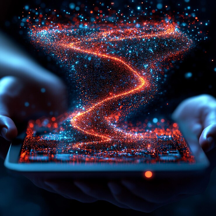 Foto manos sosteniendo una tableta con una pantalla de vórtice digital giratoria tecnología futurista abstracta
