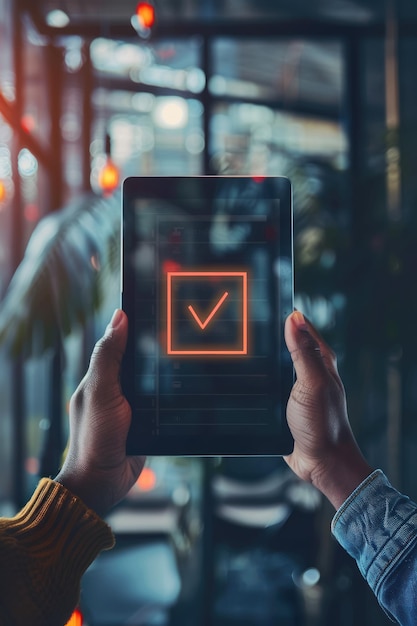 Manos sosteniendo una tableta que muestra una lista de control de cumplimiento con iconos holográficos para la protección de datos