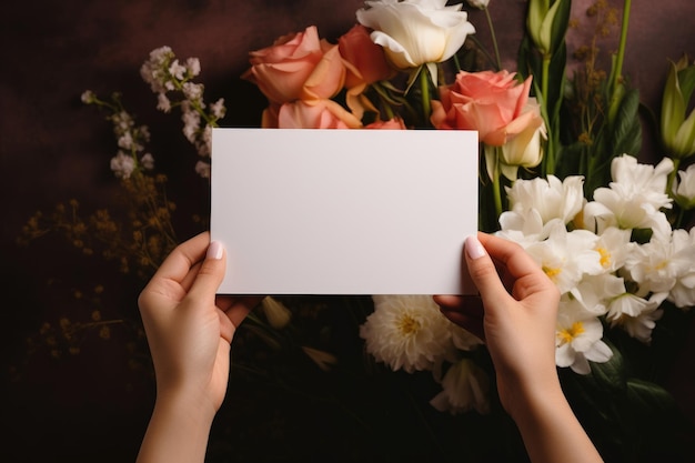 Manos sosteniendo una tarjeta vacía con una variedad de flores en el fondo