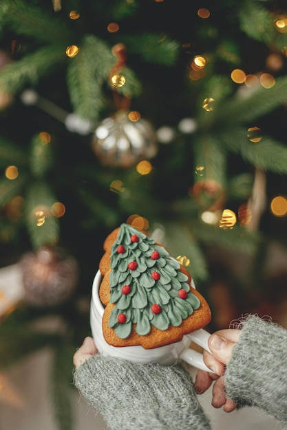 Manos sosteniendo la taza con la galleta de pan de jengibre del árbol de Navidad en el fondo del árbol de Navidad con luces Acogedor hogar atmosférico invierno Feliz Navidad Banner de vacaciones