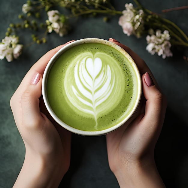 Foto manos sosteniendo una taza con matcha latte bebida en la mesa en forma de corazón latte arte capuchino verde