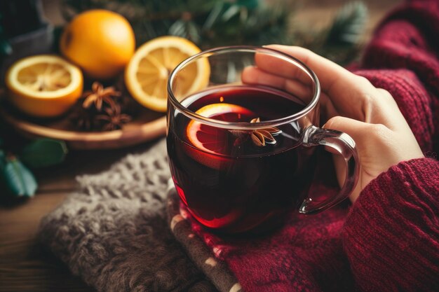 Manos sosteniendo una taza de vino caliente caliente closeup