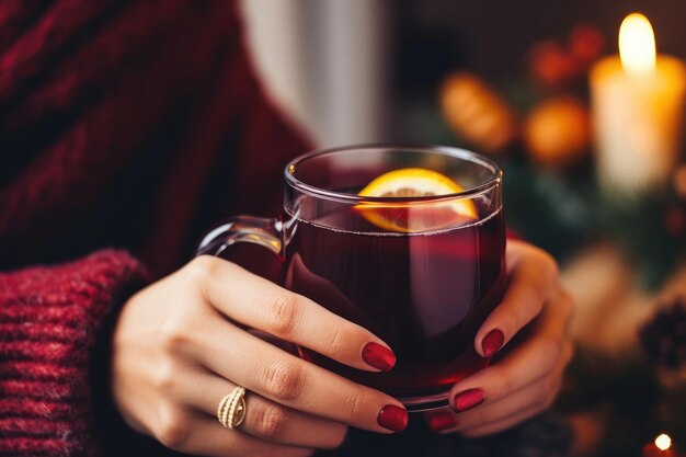 Manos sosteniendo una taza de vino caliente caliente closeup