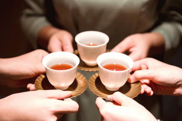 Manos sosteniendo tazas de té con la palabra té en ellas