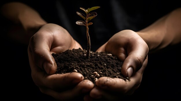 Manos sosteniendo una tecnología de ai generativa de planta pequeña