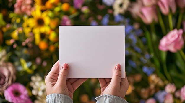 Foto manos sosteniendo tiernamente una tarjeta en blanco preparada para un mensaje romántico enmarcado por un ramo