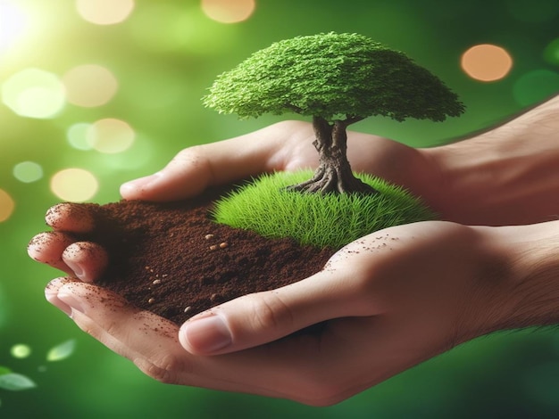 Manos sosteniendo tierra para plantar y árbol bonsai