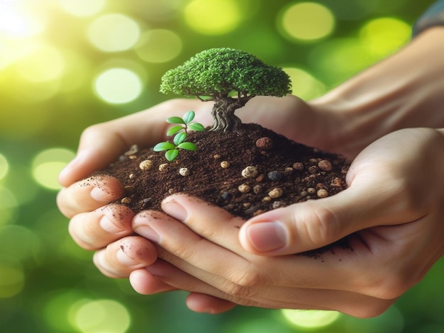 Manos sosteniendo tierra para plantar y árbol bonsai