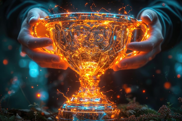 Foto manos sosteniendo un trofeo de juego que brilla con color neón naranja y chispas copa de fuego el premio de los ganadores de las competiciones de deportes cibernéticos virtuales