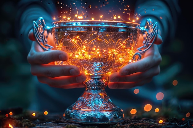 Foto manos sosteniendo un trofeo de juego que brilla con color neón naranja y chispas copa de fuego el premio de los ganadores de las competiciones de deportes cibernéticos virtuales
