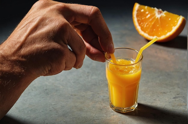 Manos sosteniendo un vaso de jugo de naranja con una paja