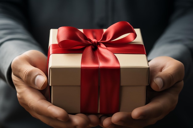 Manos sostiene una caja de regalo blanca con cinta Close Up vacaciones de invierno Navidad año nuevo cumpleaños