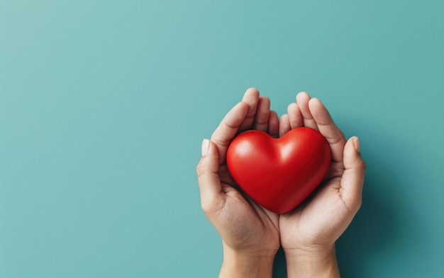 las manos sostienen un corazón rojo sobre un fondo azul