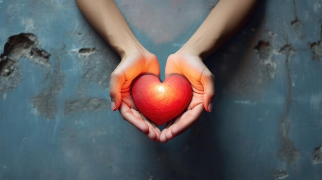 las manos sostienen un corazón transparente rojo brillante sobre un fondo de cemento mínimo