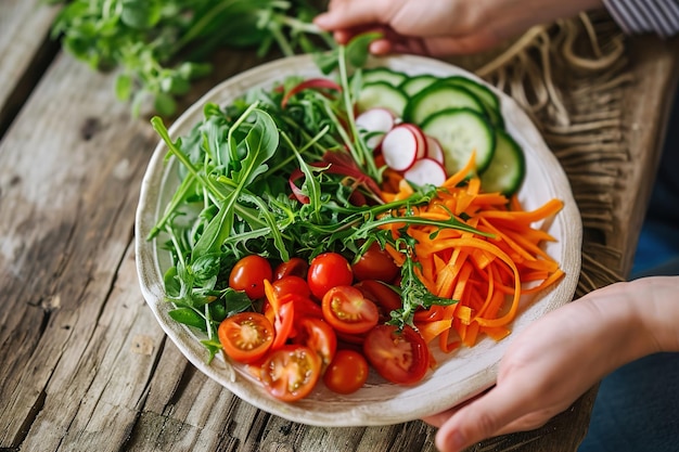 Las manos sostienen un cuenco con una variedad de verduras picadas de colores comida cruda saludable con nueces y verduras