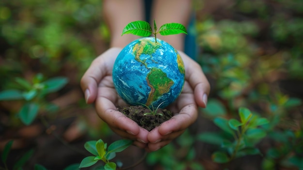 Las manos sostienen un pequeño planeta verde, la Tierra.