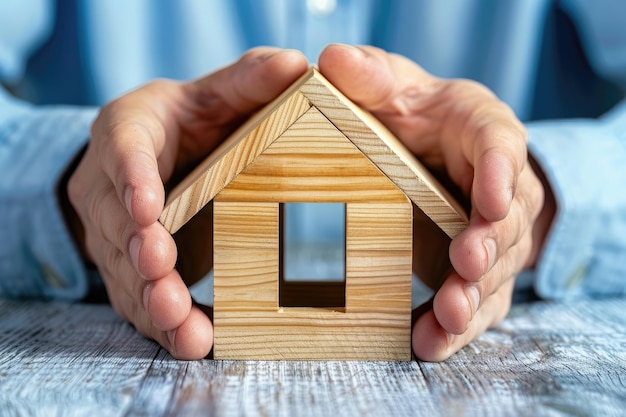 Foto manos suaves sosteniendo cuidadosamente un pequeño modelo de casa de madera que transmite una sensación de protección, seguridad y seguro de hogar