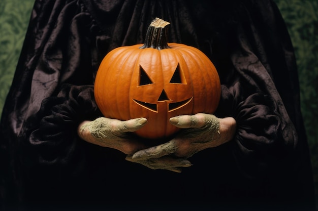 Manos sucias negras sosteniendo una calabaza con ojos preparándose para Halloween
