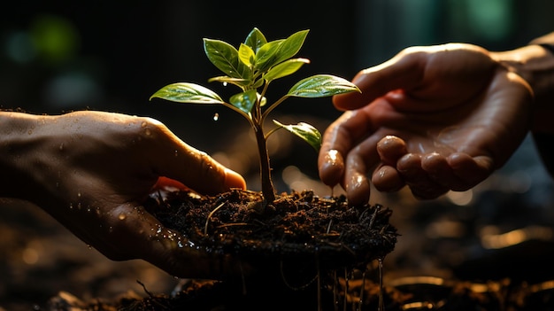 Manos sujetando una planta