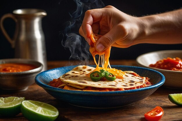 Las manos sumergiendo una quesadilla en un bo