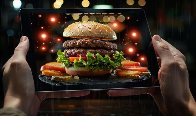 Foto con las manos con la tableta con la elección de la hamburguesa futuro concepto de comida virtual