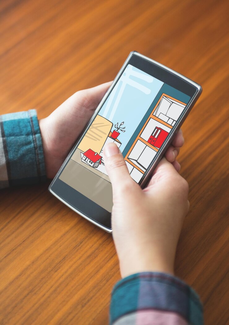 Foto manos con teléfono en una mesa. en la pantalla del teléfono un dibujo del diseño de la oficina (rojo,
