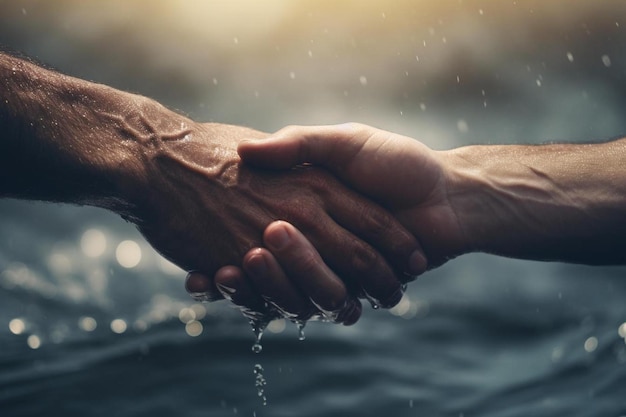 manos temblando en el agua con el sol detrás de ellos