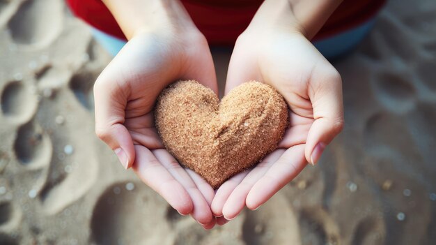 Las manos tiernamente sosteniendo un corazón hecho de arena una imagen especial de San Valentín