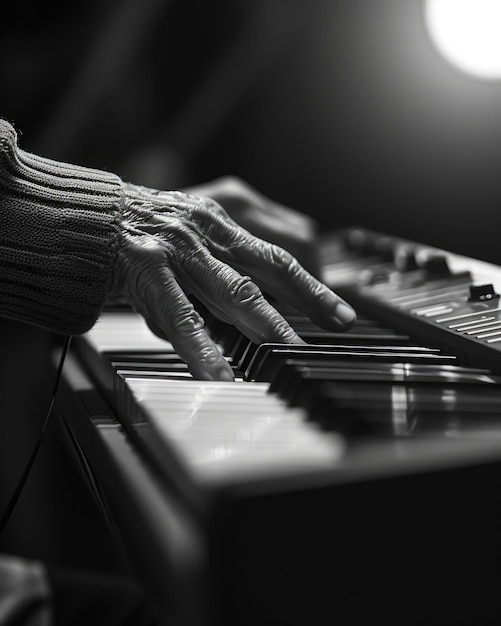 Manos tocando teclas de piano en blanco y negro