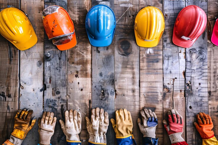Manos de trabajadores de la construcción con guantes de protección en una mesa de madera con cascos de colores