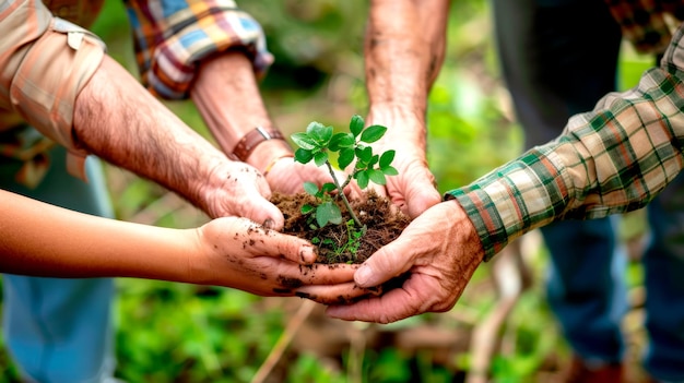 Manos unidas plantando un árbol joven para la reforestación