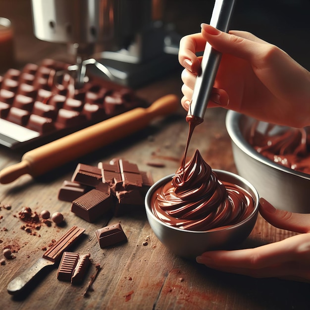 Manos usando una herramienta para crear un remolino de chocolate en un cuenco en la cocina El proceso de hacer chocolate