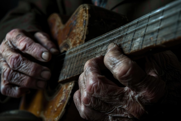 Las manos de un viejo músico tocando la guitarra