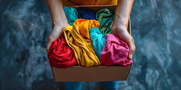 Foto manos de voluntarios sosteniendo una caja de donación desbordada de artículos de ropa de colores concepto de donación esforzos de voluntariado colección de ropa devolviendo apoyo a la comunidad