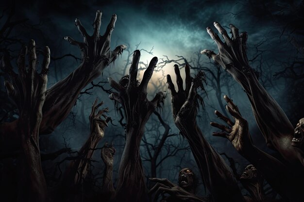 Foto las manos de zombies se levantan en la oscura noche de halloween