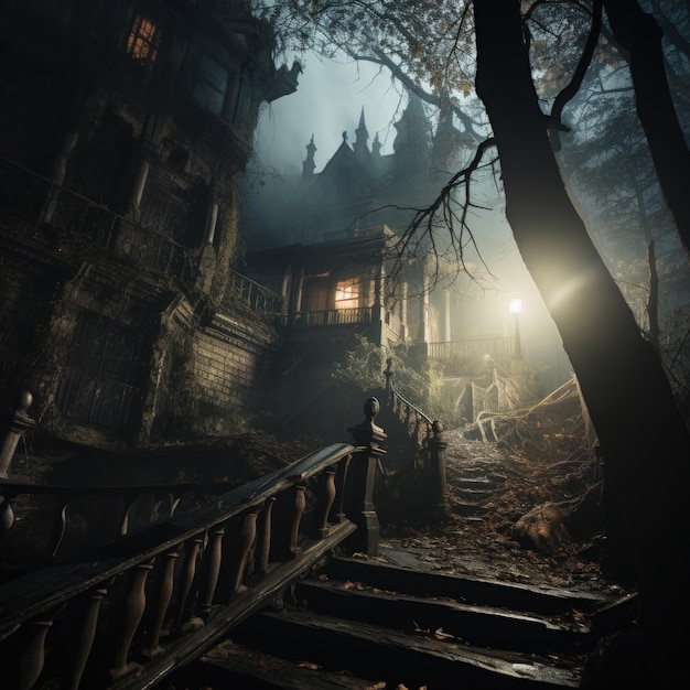 Foto mansão assombrada à noite uma escada assustadora envolta em nevoeiro