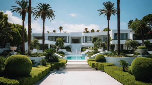 mansión blanca con palmeras jardín de lujo día de verano