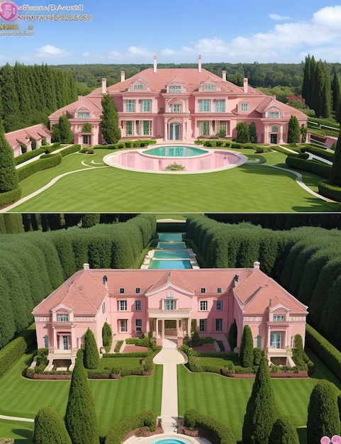 Foto mansión de lujo rosa con amplios jardines gran long shot