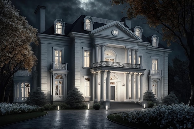 Mansión moderna y elegante en tonos blancos exterior de una casa clásica por la noche