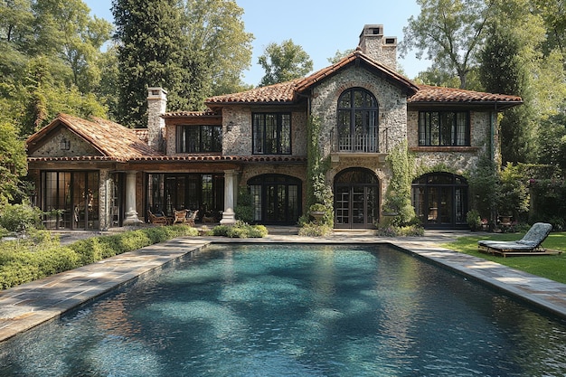 Mansión de piedra con piscina y exuberante paisajismo