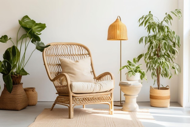 manta y almohadas en sillón de ratán junto a las plantas Boho y interior acogedor de la sala de estar Ilustración generativa de IA