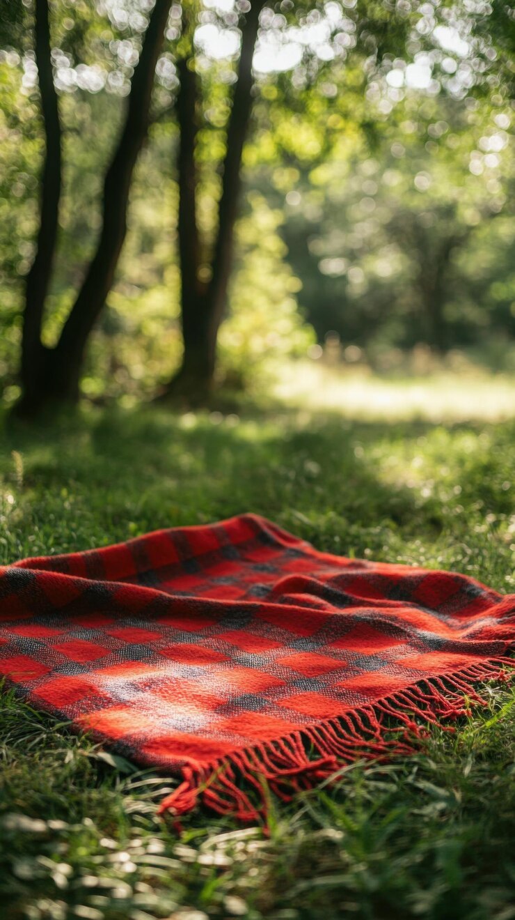 Una manta a cuadros roja se extiende sobre la hierba en un bosque iluminado por el sol evocando un sereno escenario de picnic generación de IA