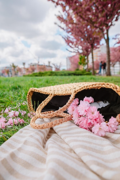 Manta de piquenique com chapéu de palha e bolsa na grama verde coberta com flores de sakura rosa