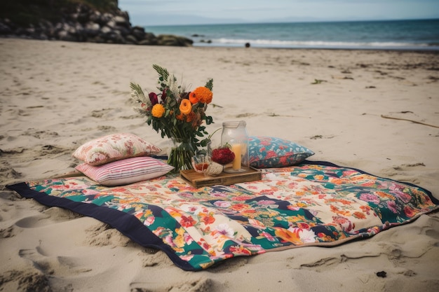 Manta de piquenique com estampa floral na praia criada com ai generativa
