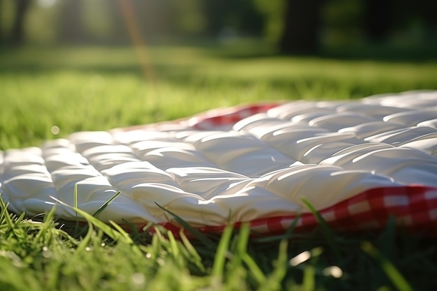 Manta de piquenique xadrez vermelha e branca em cima de um campo verde em dia ensolarado na grama do gramado no parque de verão Fundo desfocado