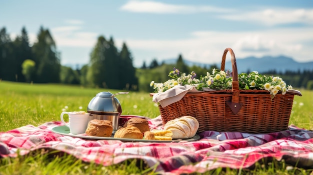 Manta e cesta de piquenique em um prado panorâmico